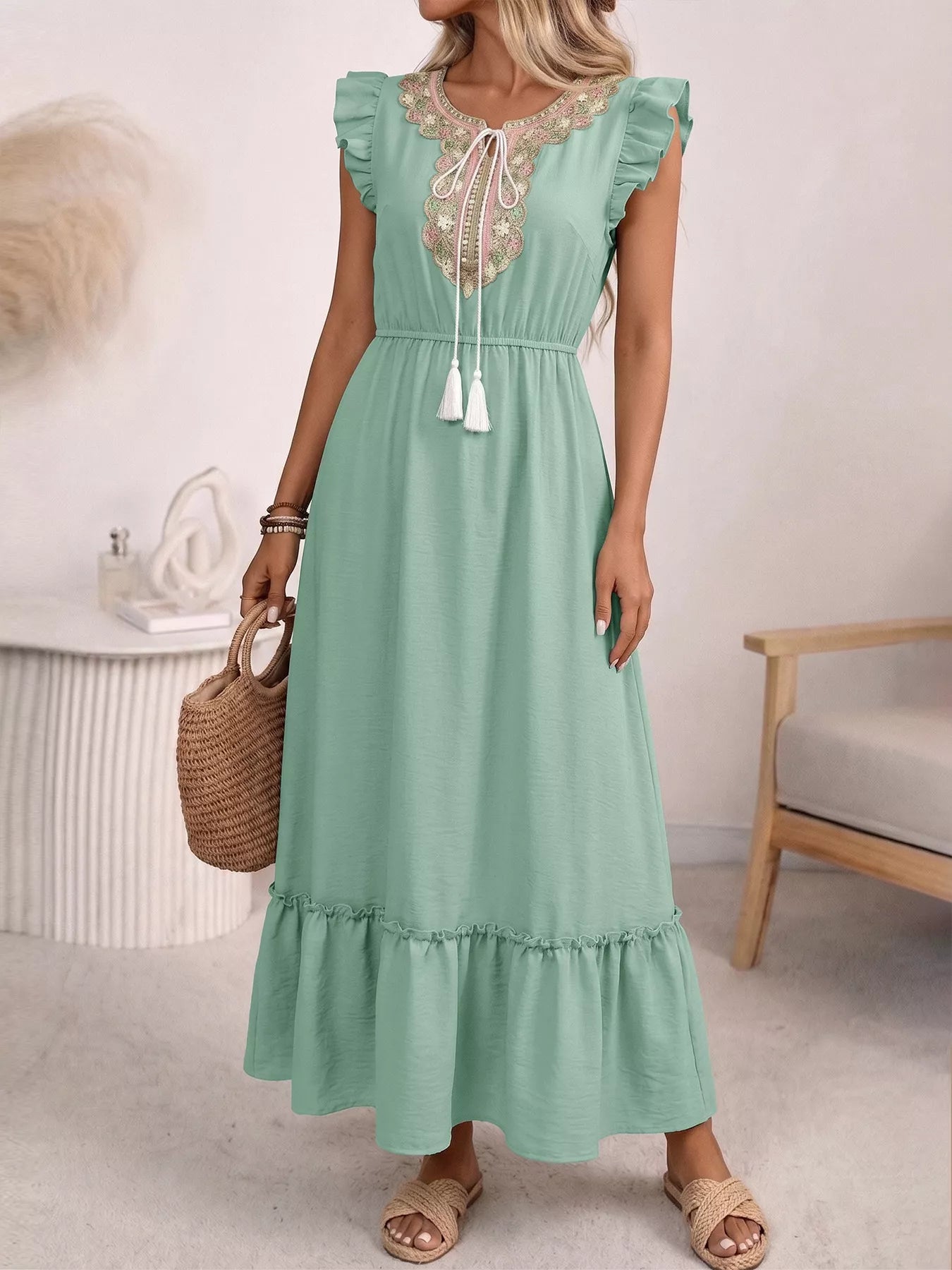Tie Neck Ruffle Maxi