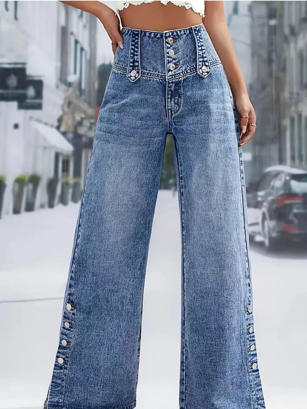 Button Decor Wide Leg Jeans — view 2