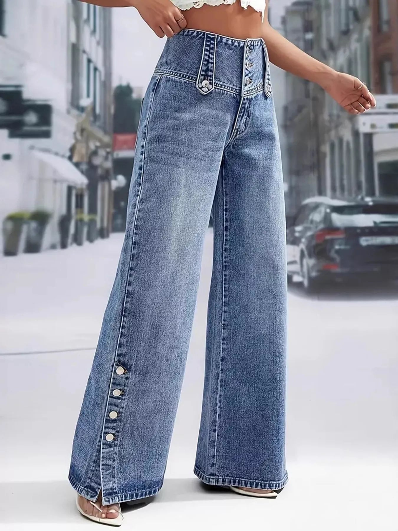 Button Decor Wide Leg Jeans