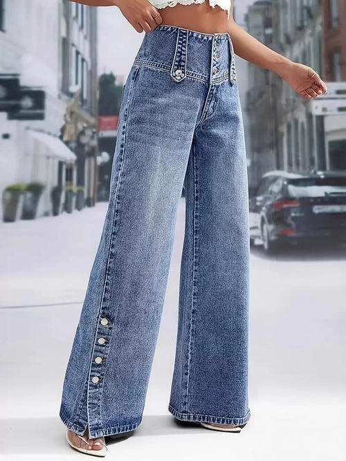 Button Decor Wide Leg Jeans
