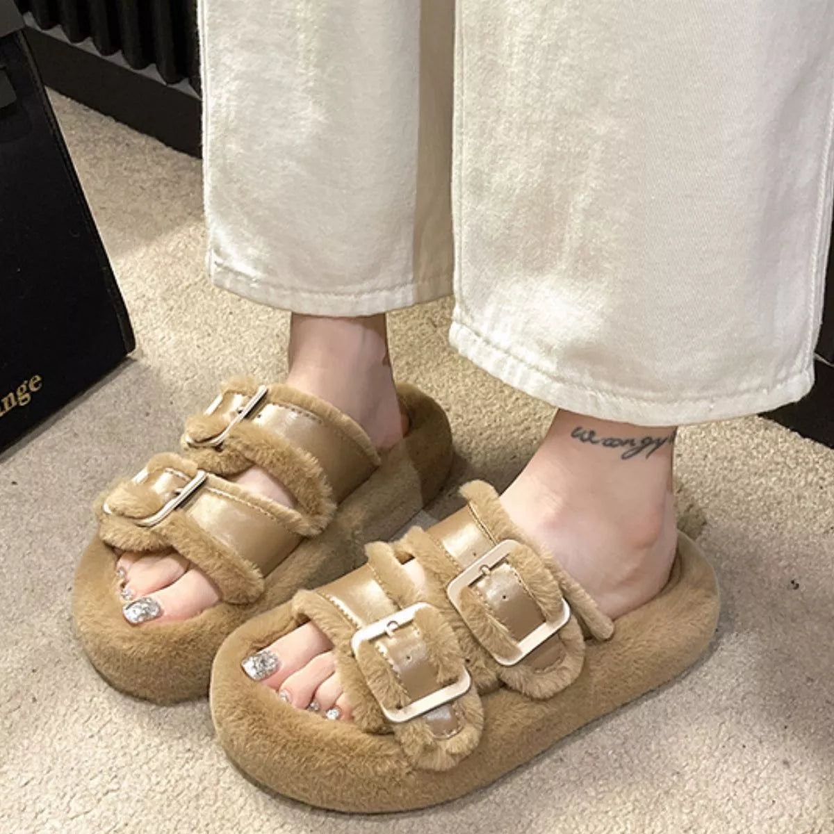 Fuzzy Buckle Detail Slippers — view 4