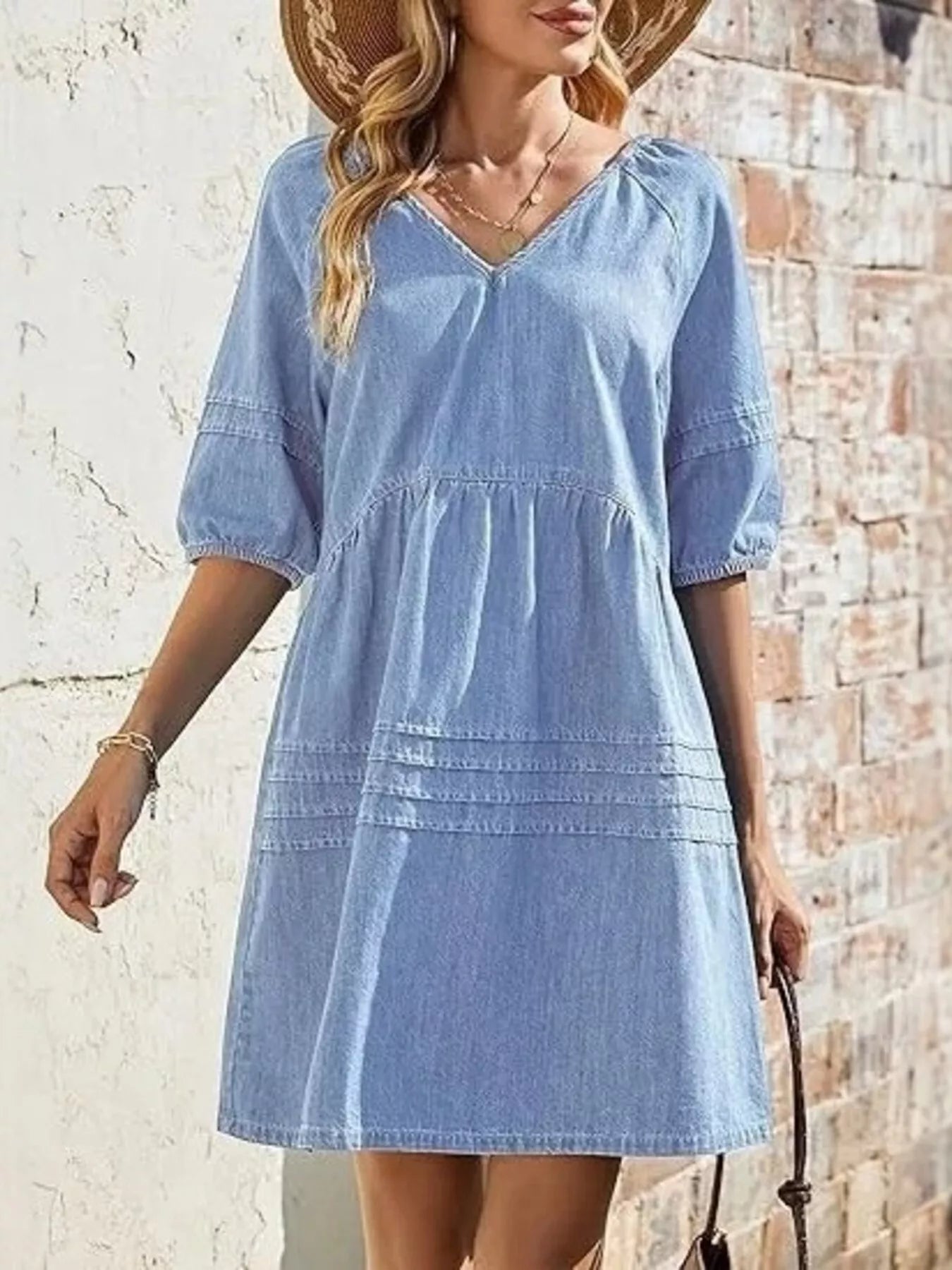 V-Neck Puff Sleeve Mini Dress
