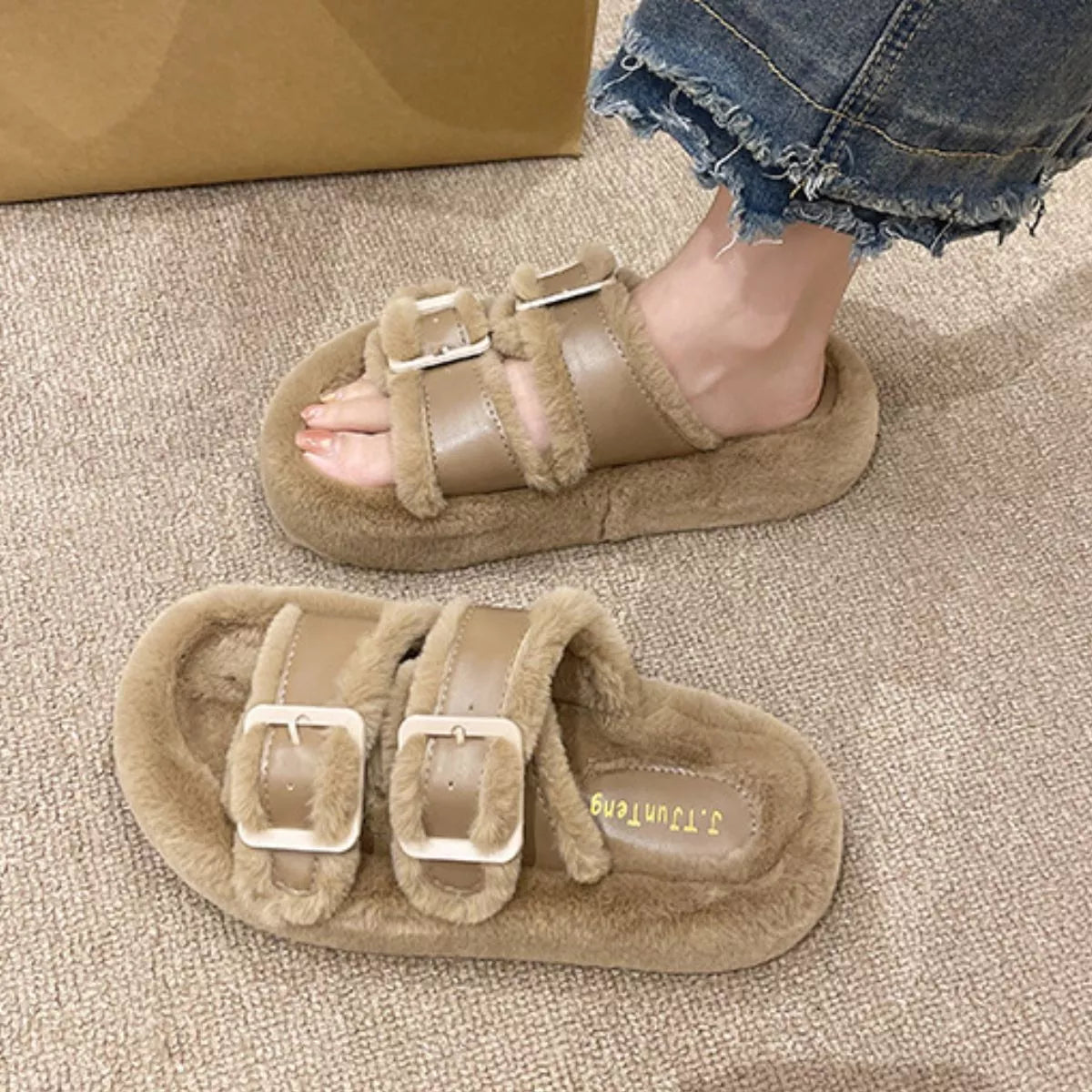 Fuzzy Buckle Detail Slippers — view 6