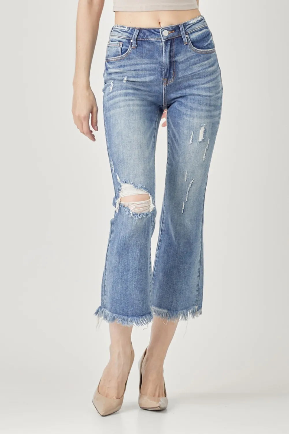 Distressed Cropped Bootcut Jeans
