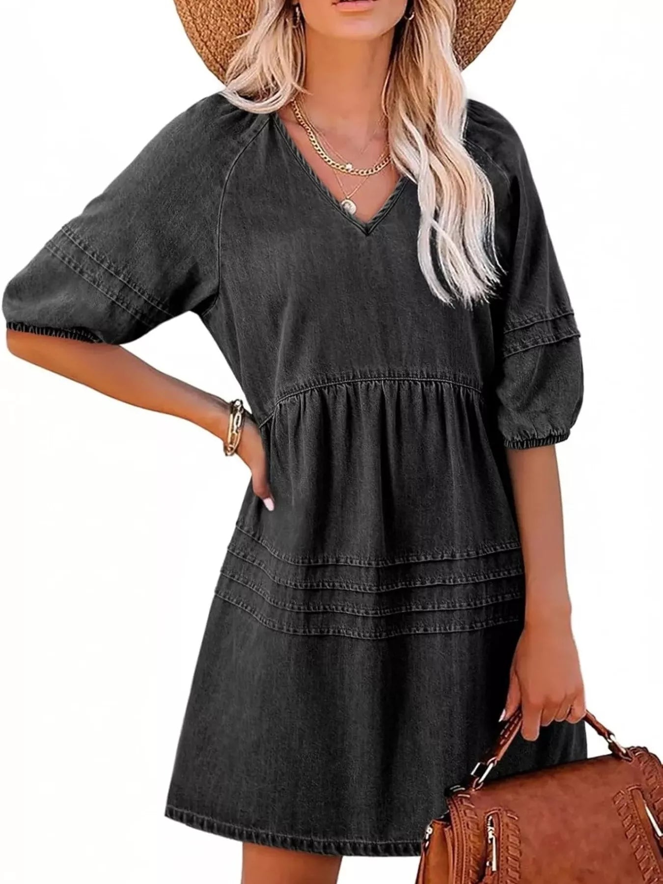 V-Neck Puff Sleeve Mini Dress — view 10