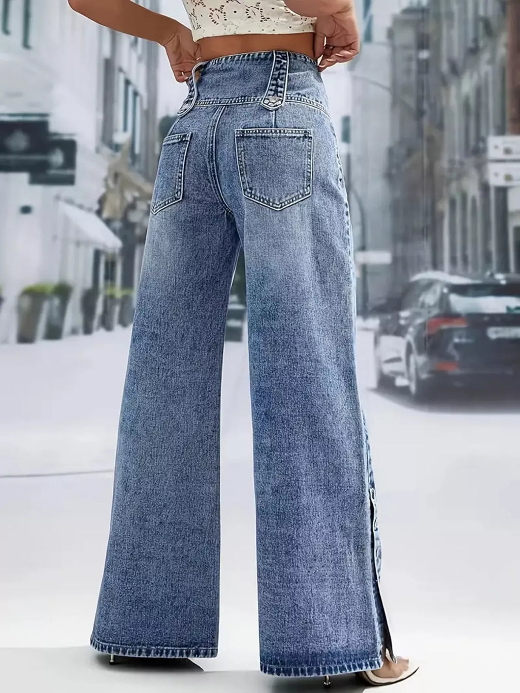 Button Decor Wide Leg Jeans — view 3
