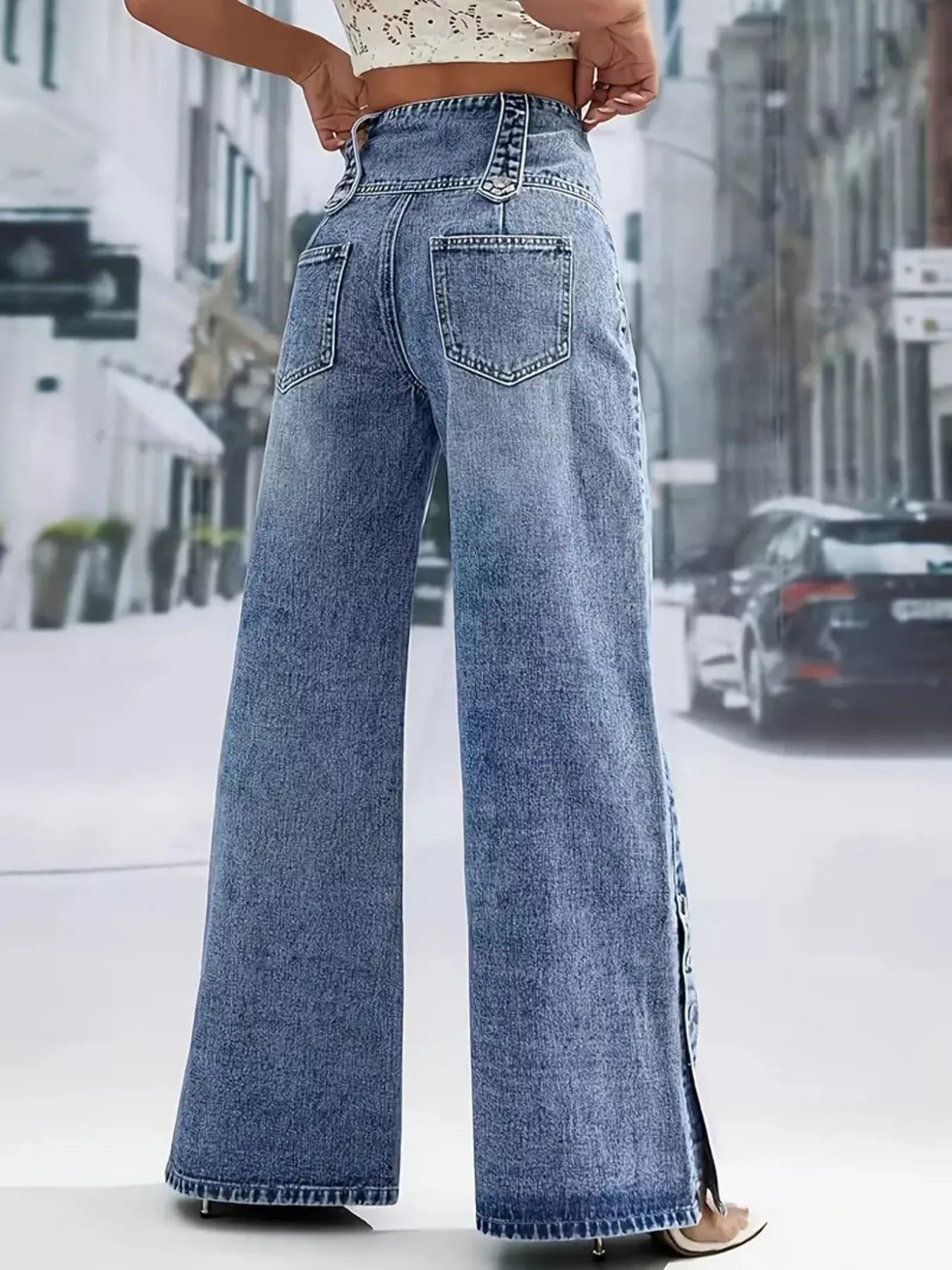 Button Decor Wide Leg Jeans — view 3