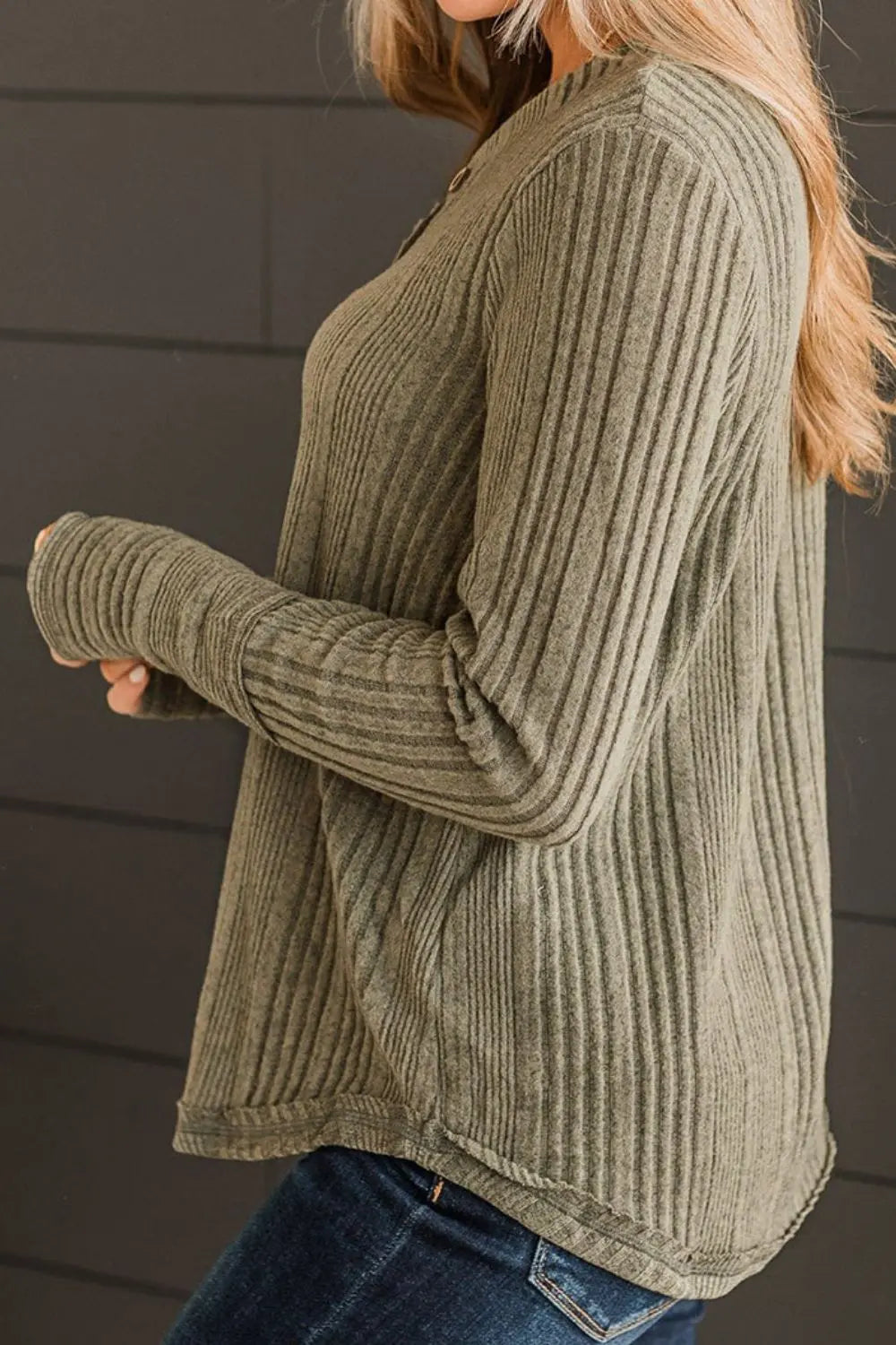 Ribbed Button Long Sleeve Blouse — view 3