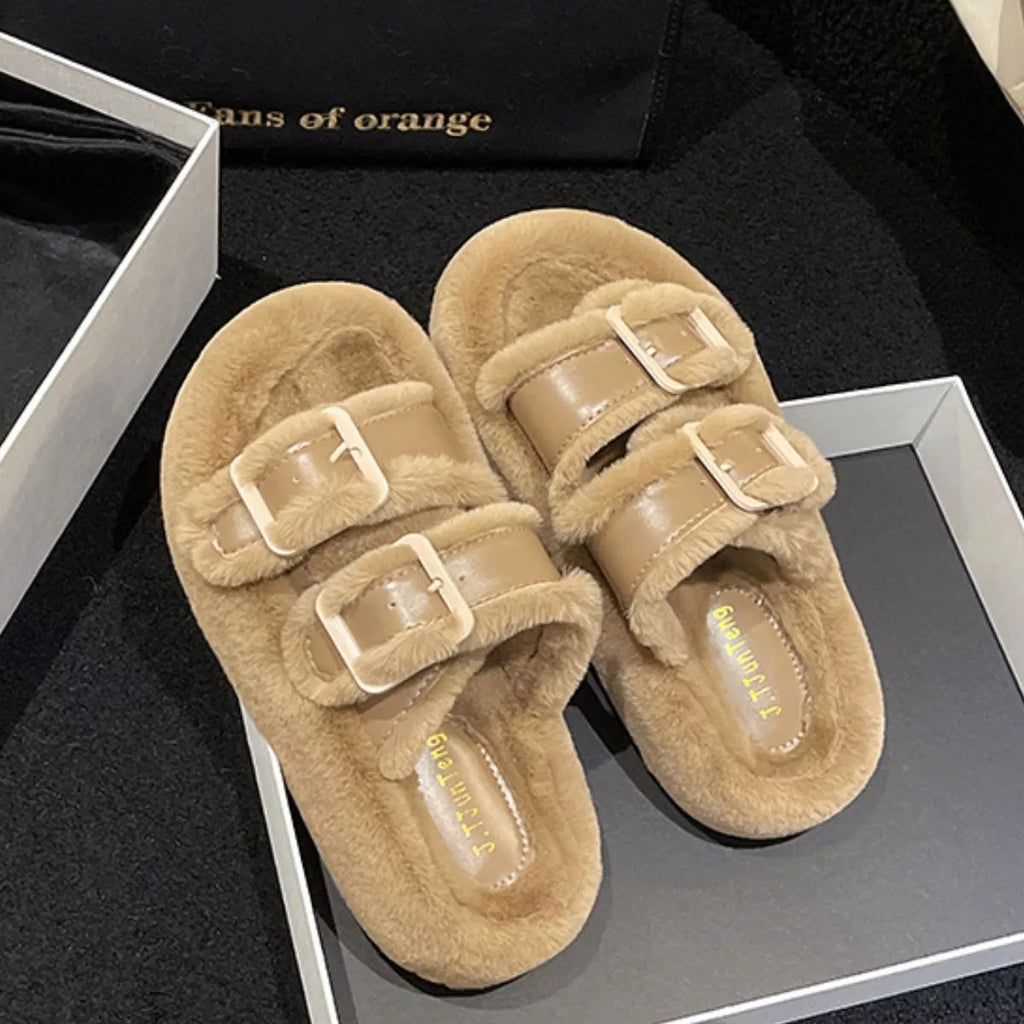 Fuzzy Buckle Detail Slippers — view 7