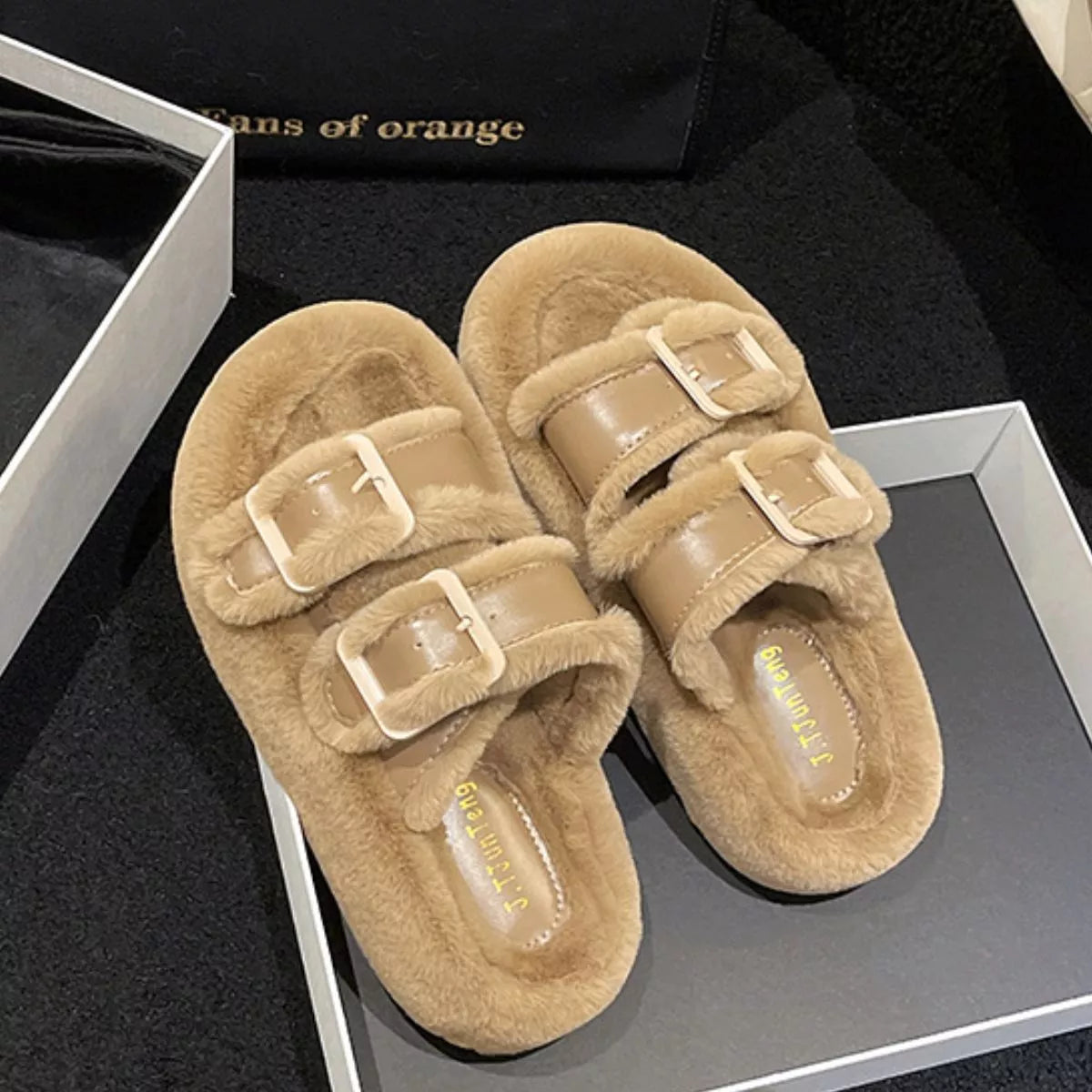 Fuzzy Buckle Detail Slippers — view 7