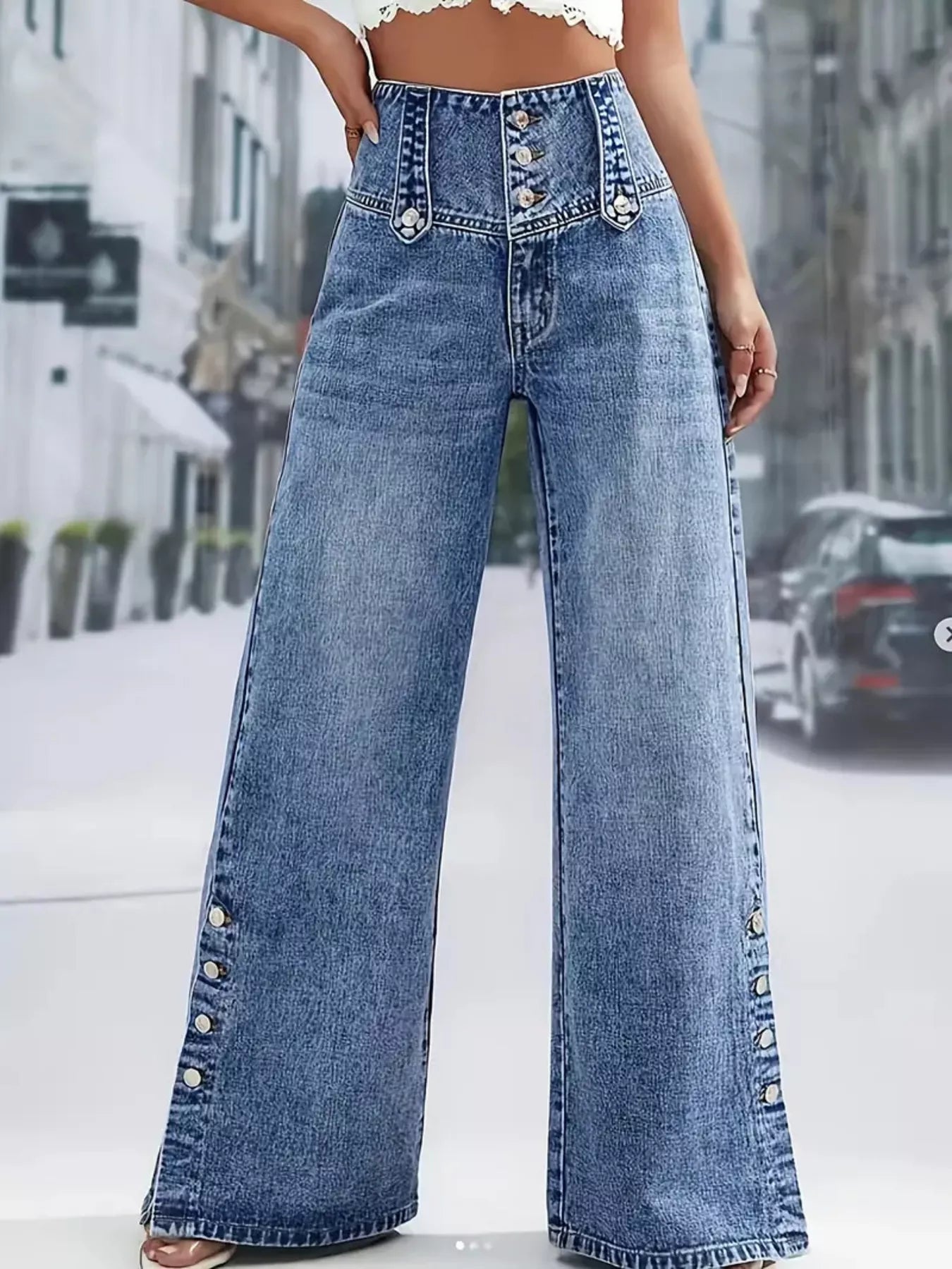 Button Decor Wide Leg Jeans — view 7