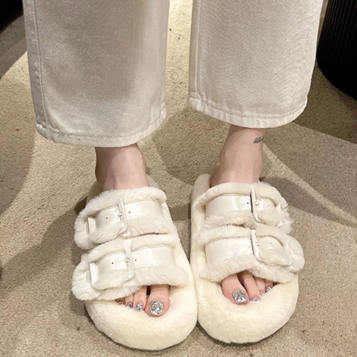 Fuzzy Buckle Detail Slippers — view 9