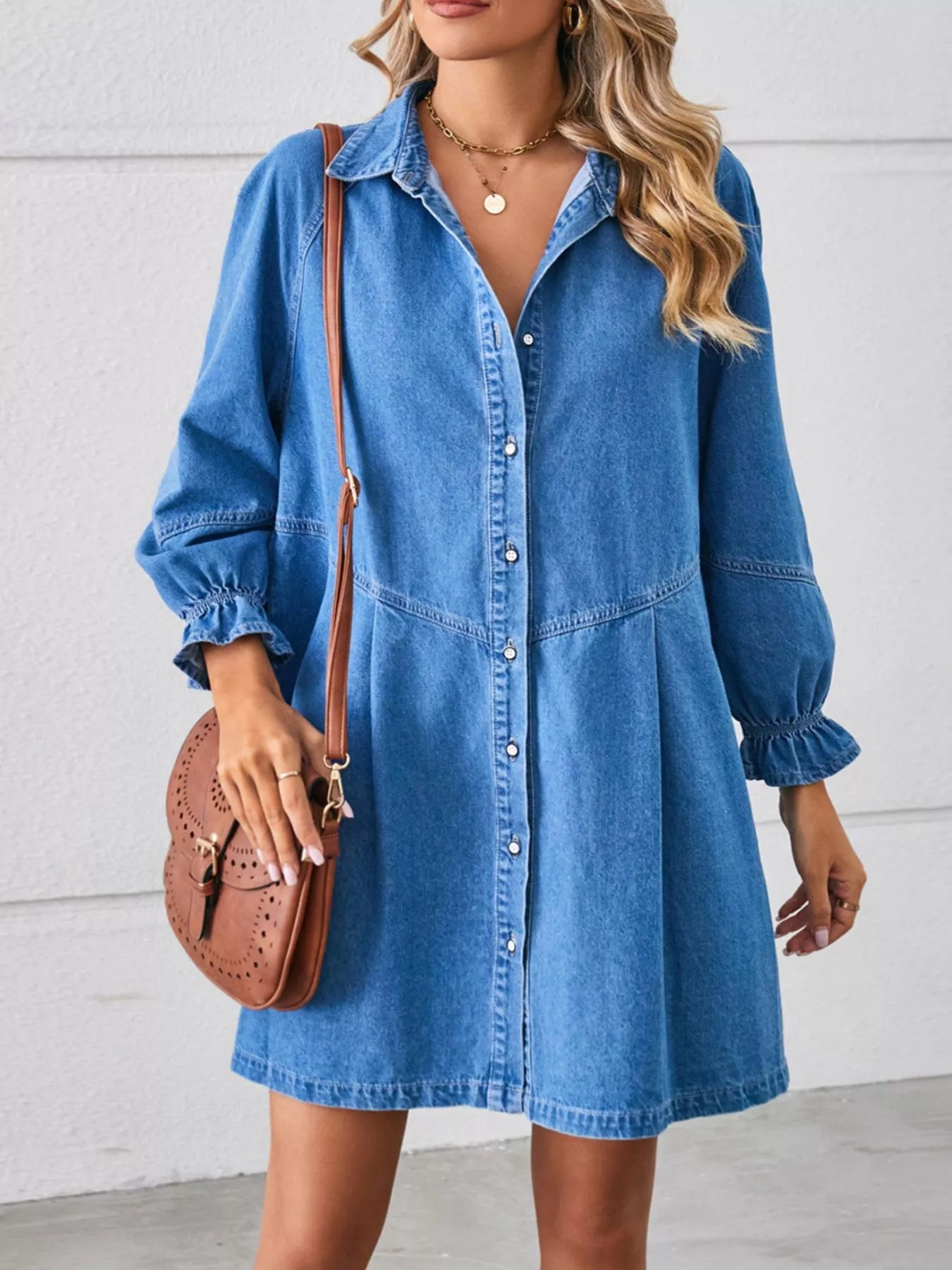 Ruffle Cuff Denim Dress