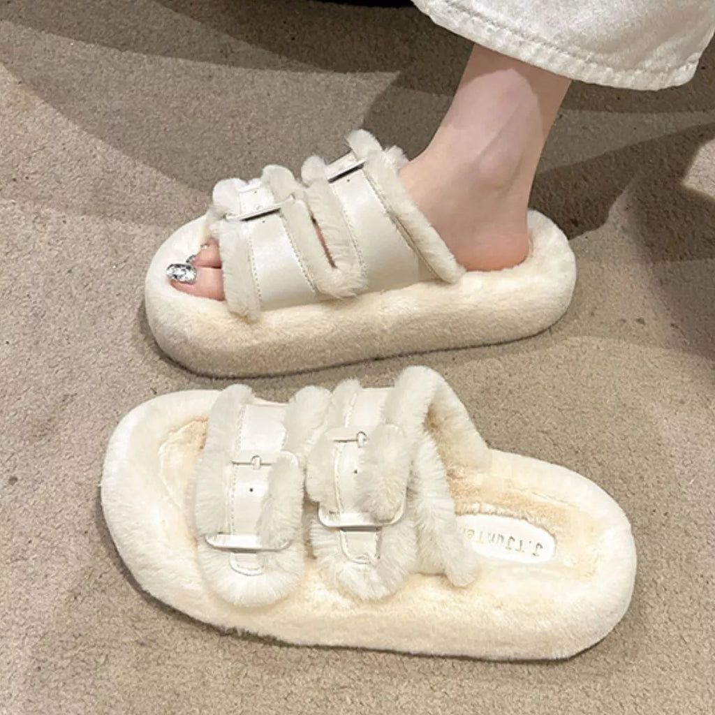 Fuzzy Buckle Detail Slippers — view 10