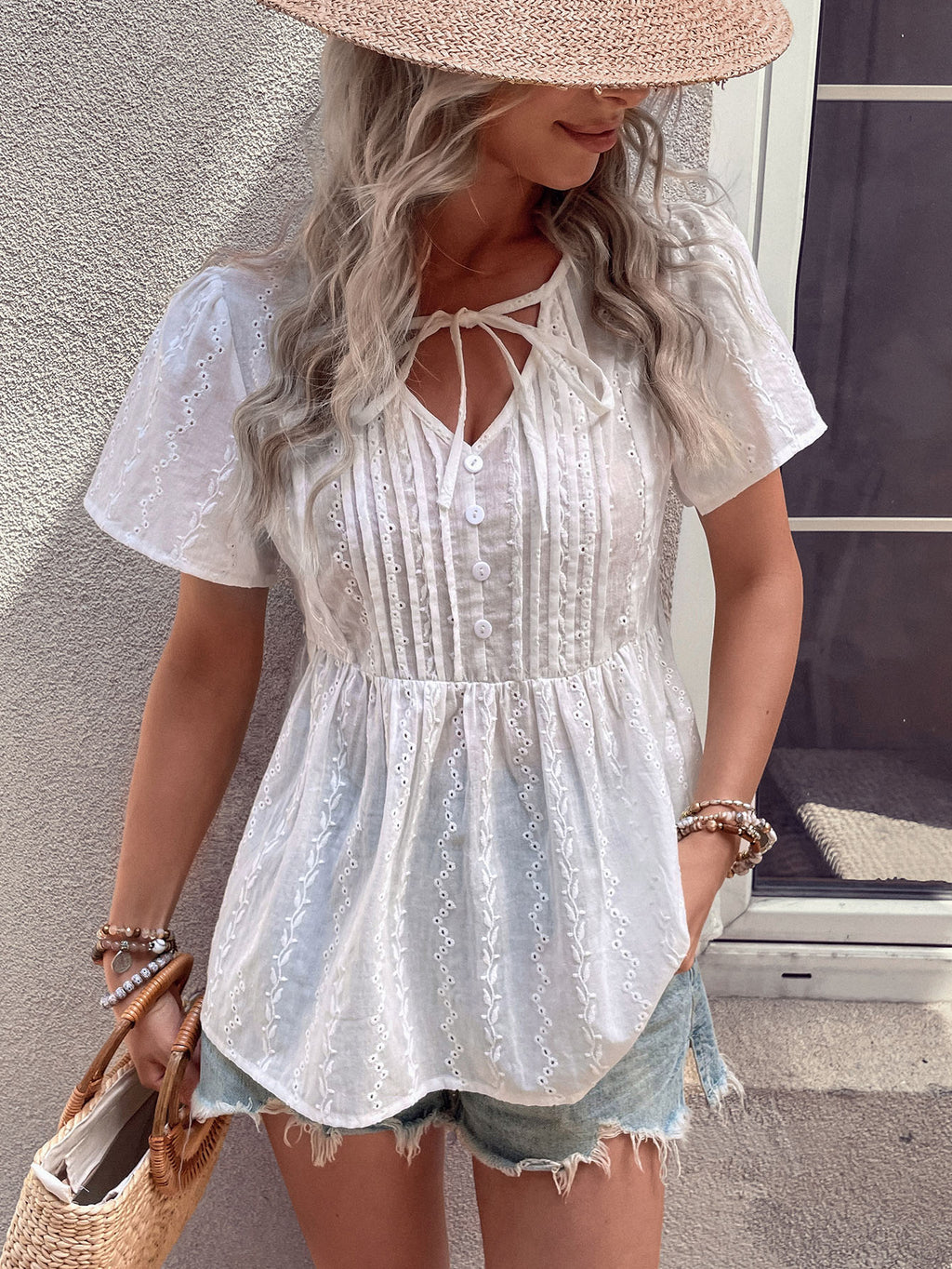 Tied Button Puff Sleeve Blouse