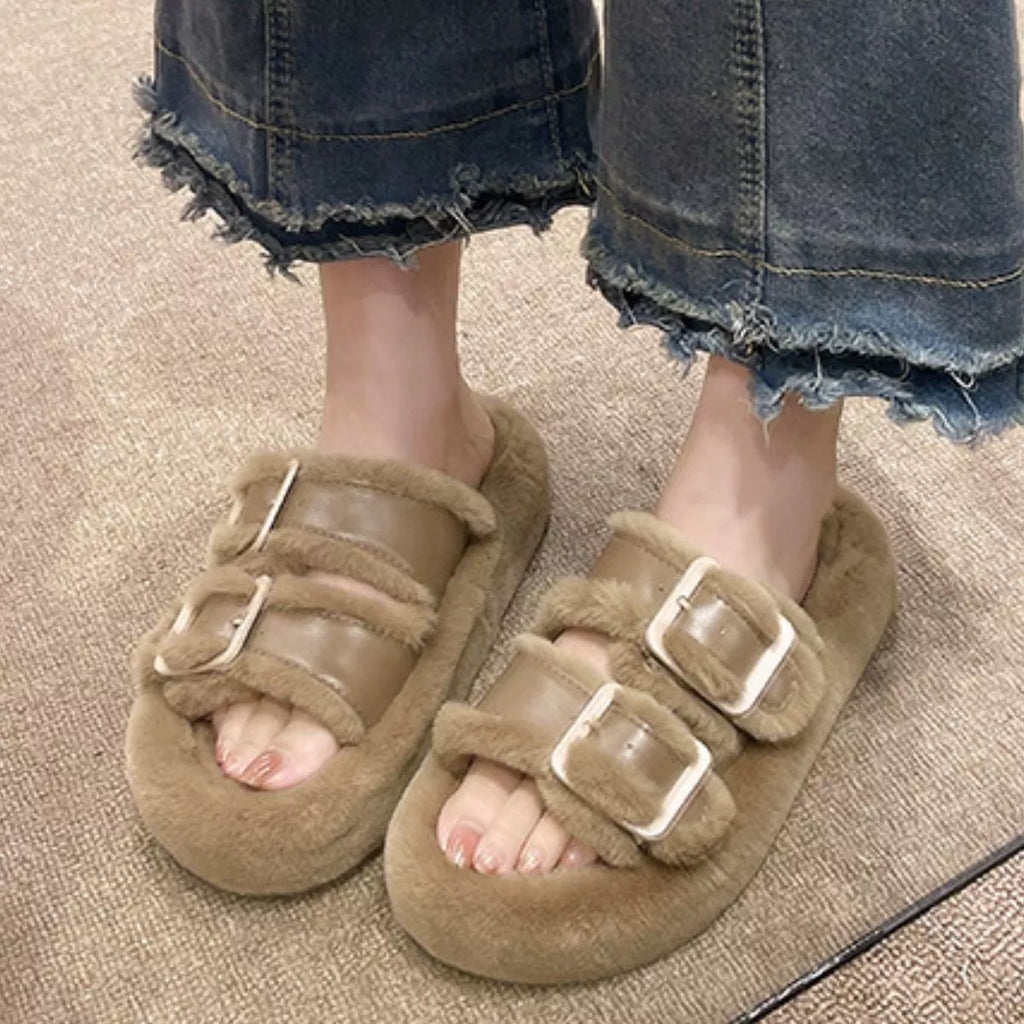 Fuzzy Buckle Detail Slippers — view 5