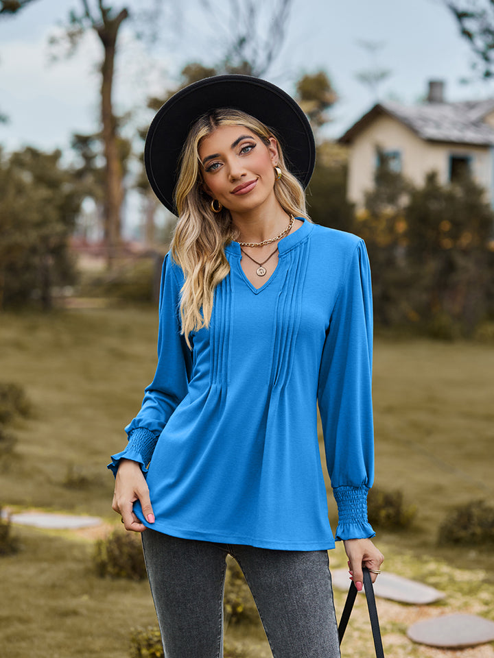 Notched Flounce Sleeve Blouse