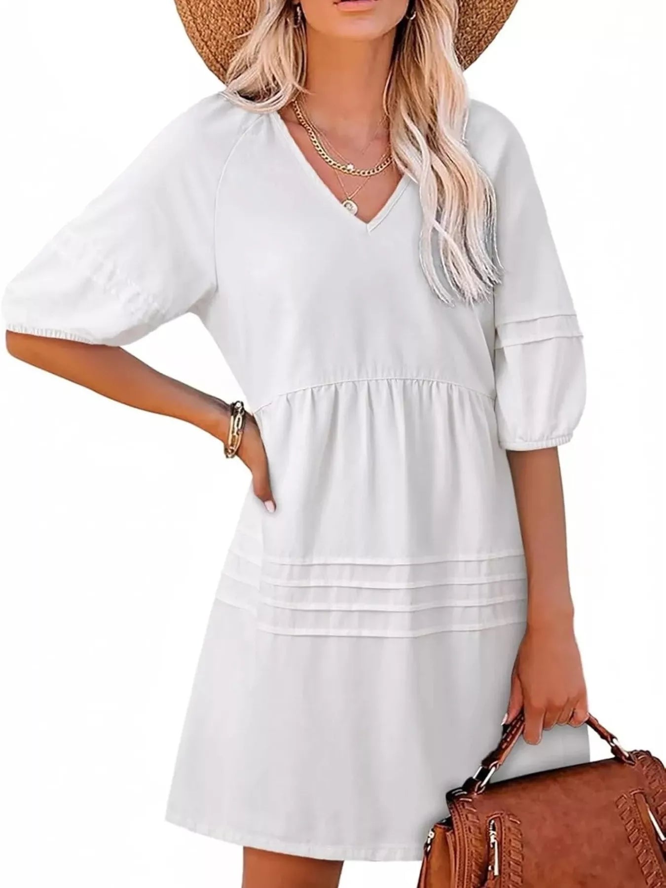 V-Neck Puff Sleeve Mini Dress — view 7