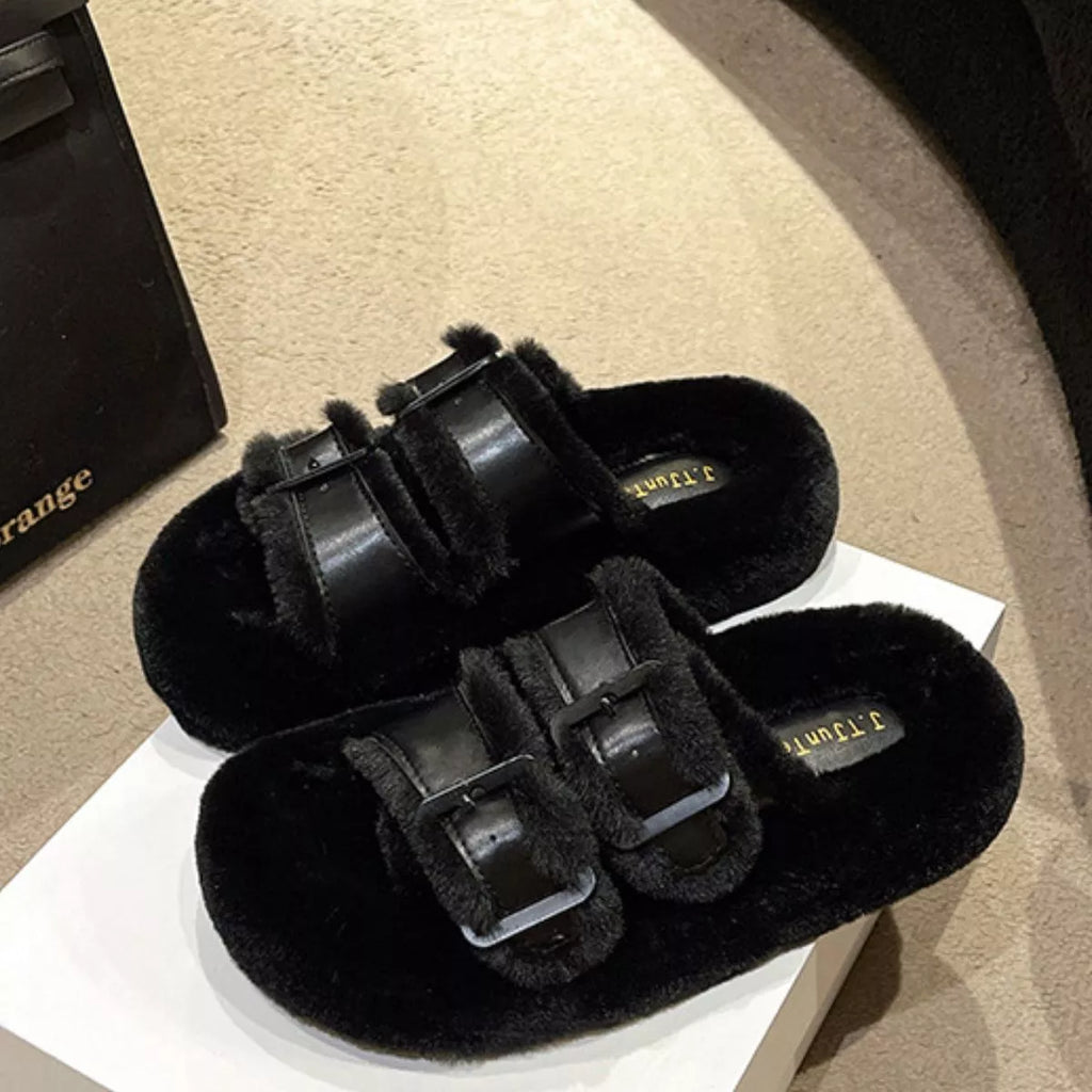 Fuzzy Buckle Detail Slippers — view 3