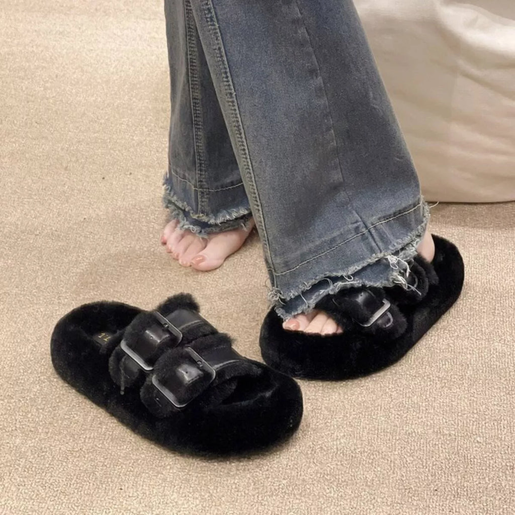Fuzzy Buckle Detail Slippers — view 2