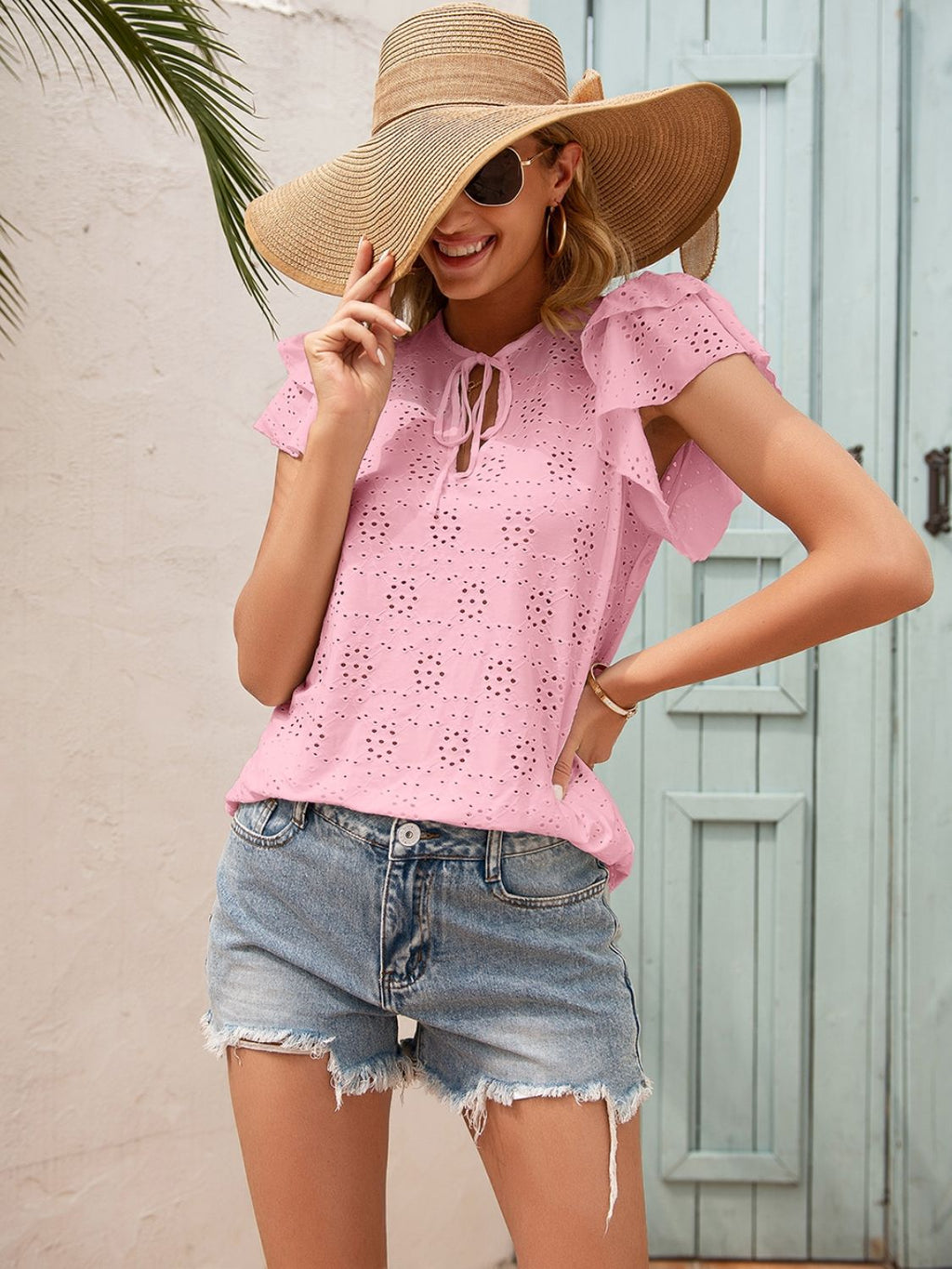 Eyelet Flutter Sleeve Blouse