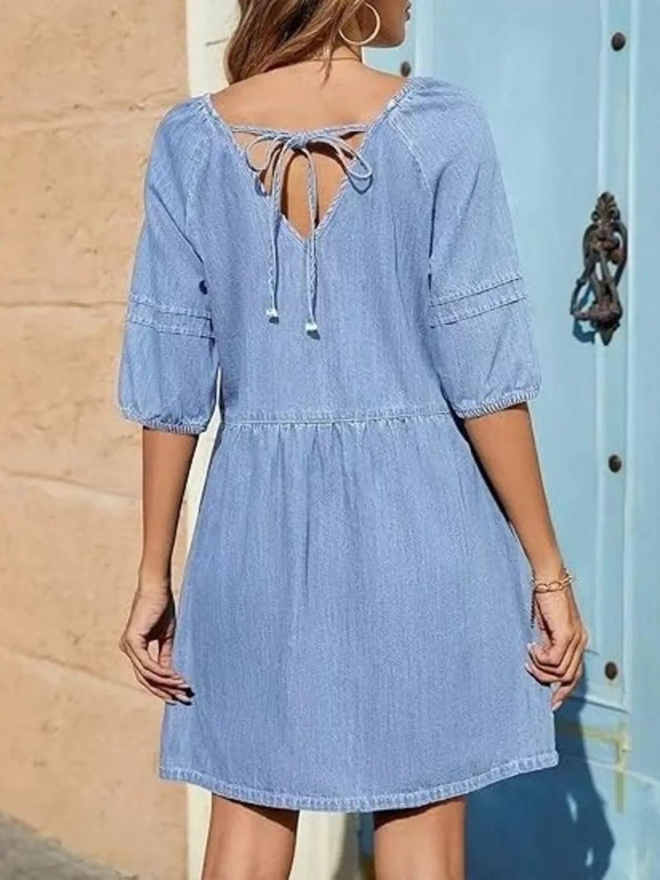 V-Neck Puff Sleeve Mini Dress — view 3