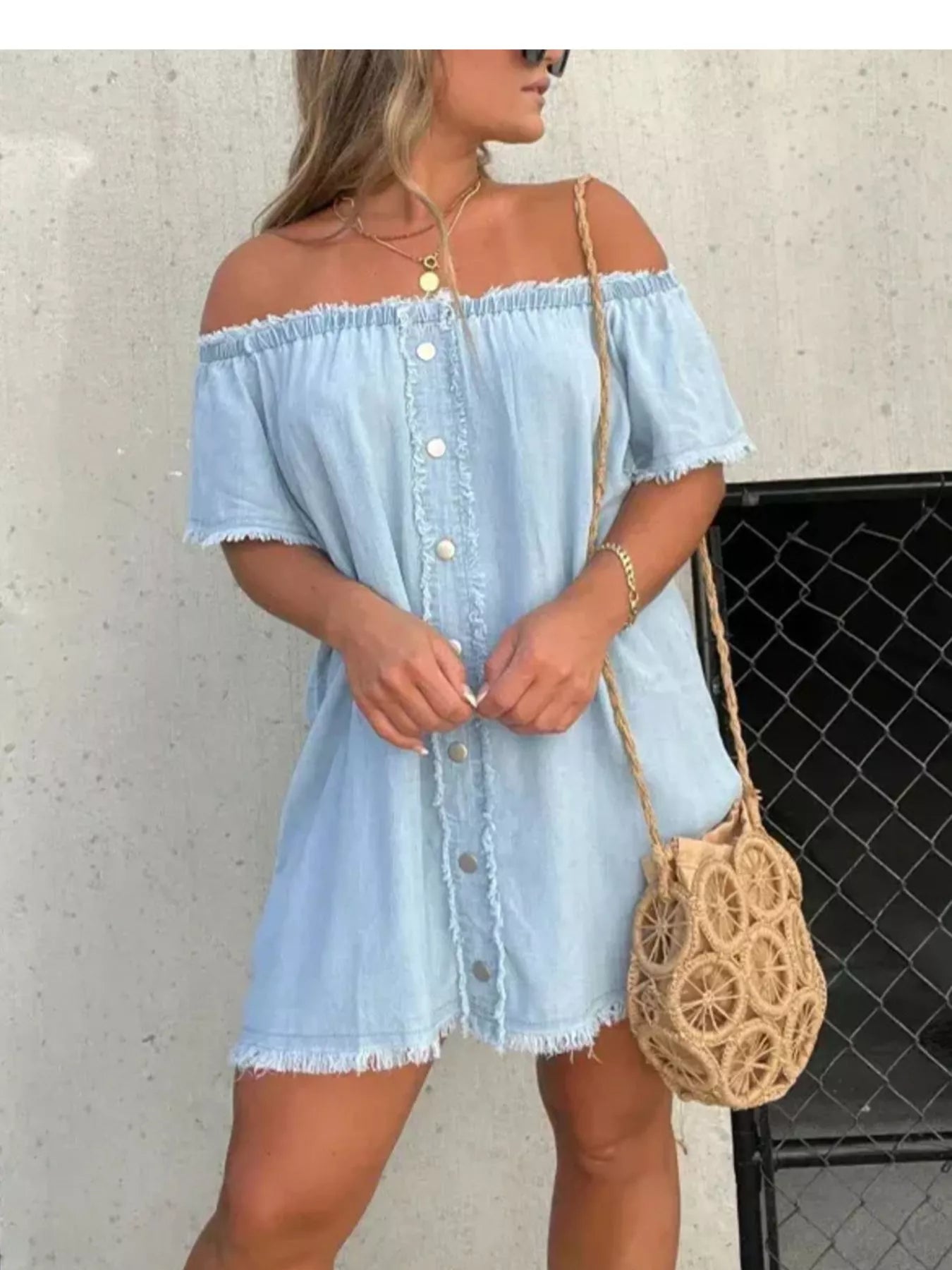 Off-Shoulder Frayed Dress
