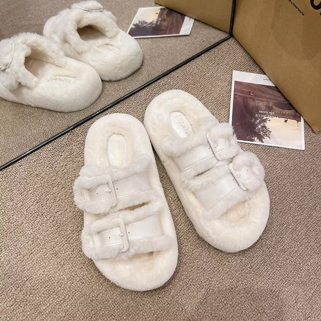 Fuzzy Buckle Detail Slippers — view 11
