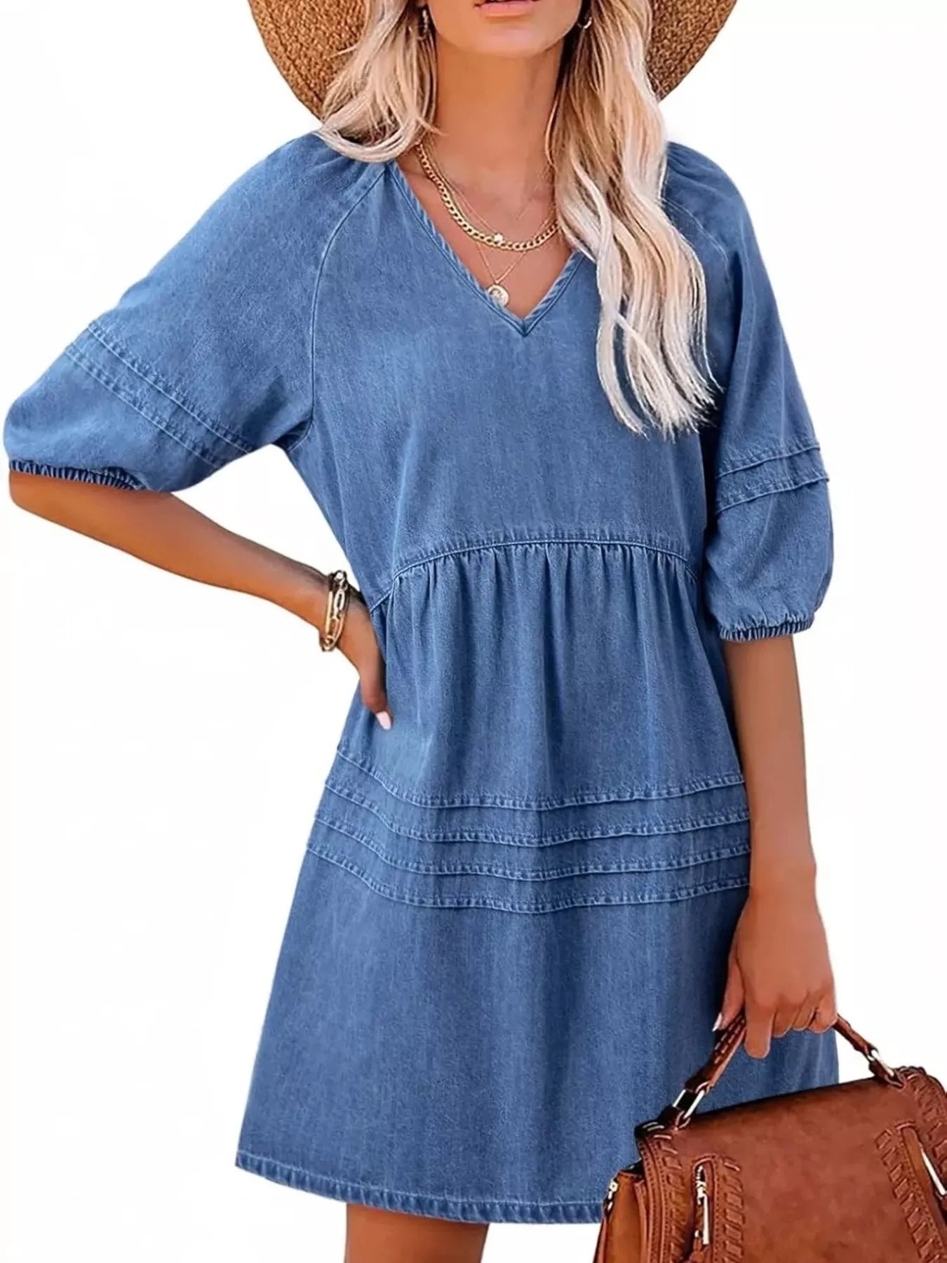 V-Neck Puff Sleeve Mini Dress — view 4