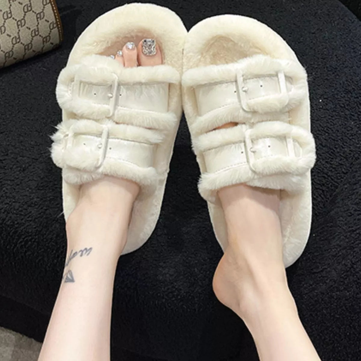 Fuzzy Buckle Detail Slippers — view 8