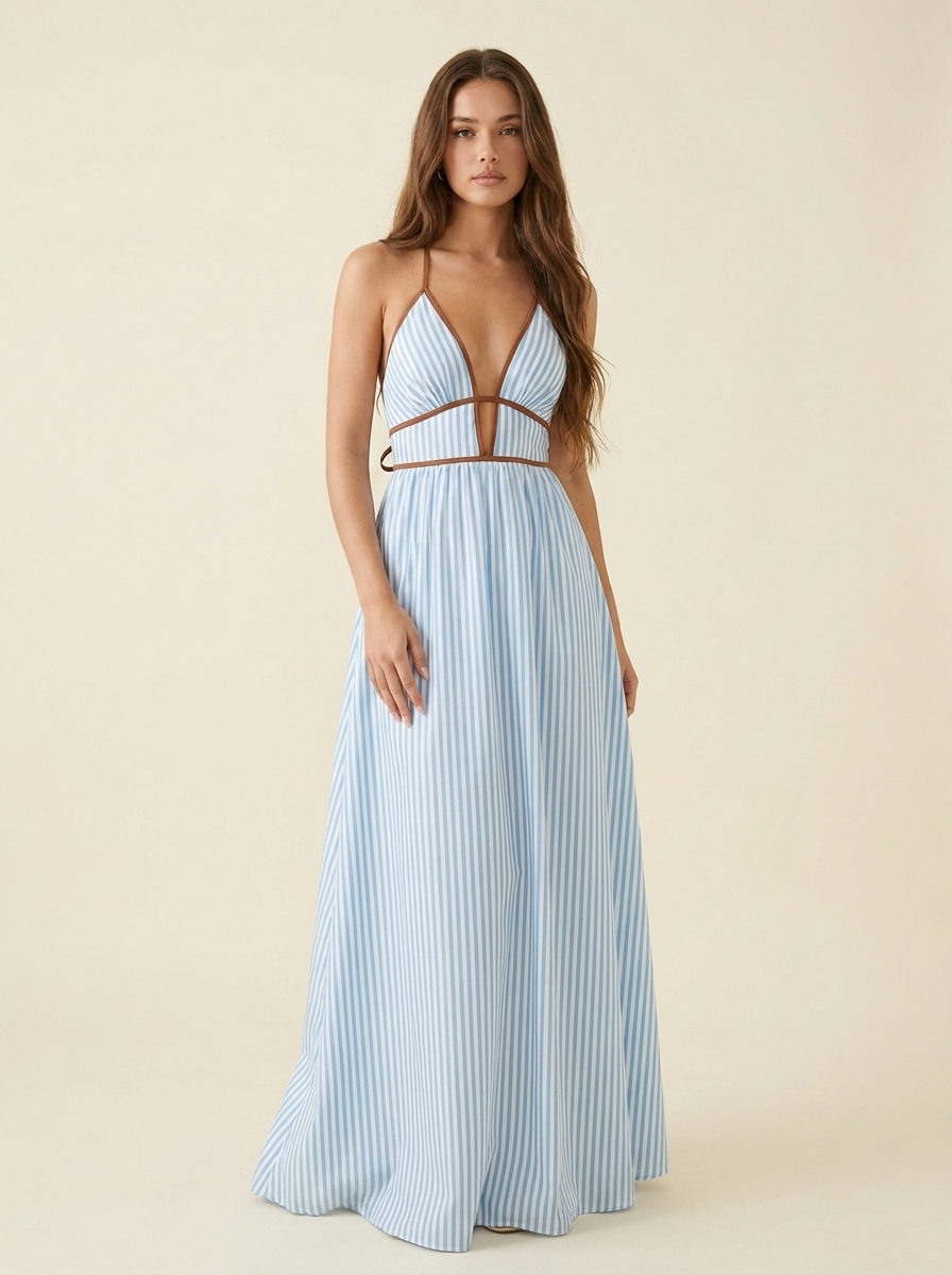 Striped Halter Maxi Dress — Blue Front