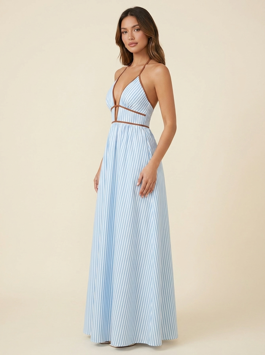 Striped Halter Maxi Dress — Blue Side