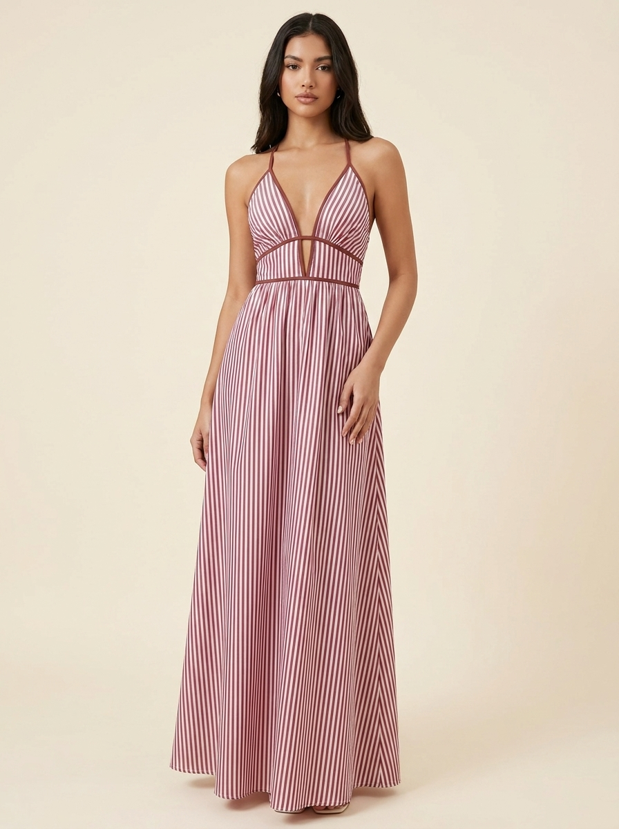 Striped Halter Maxi Dress — Burgundy Front
