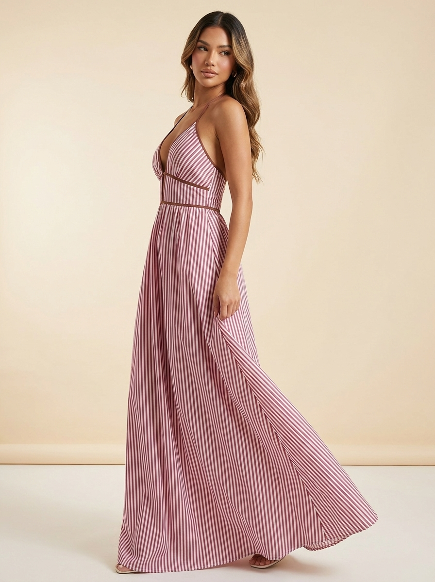 Striped Halter Maxi Dress — Burgundy Side