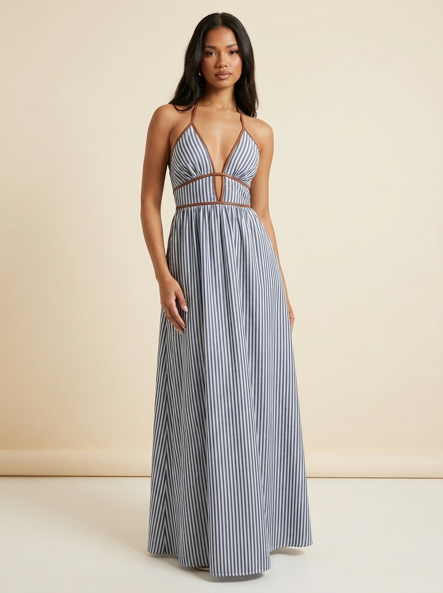 Striped Halter Maxi Dress — Navy Front