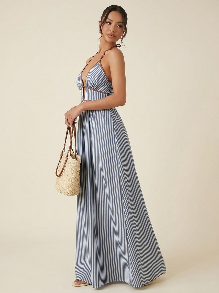 Striped Halter Maxi Dress — Navy Side