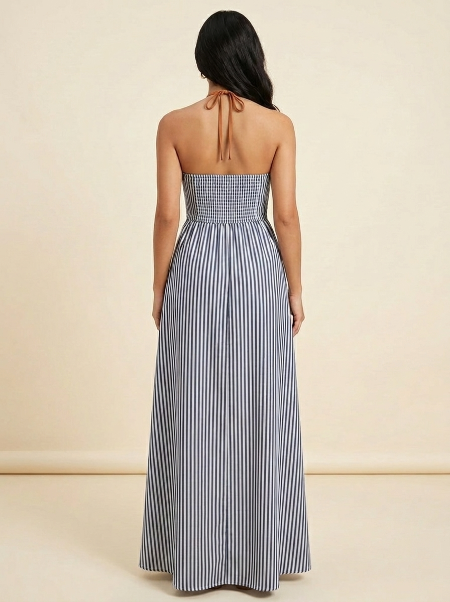 Striped Halter Maxi Dress — Navy Back