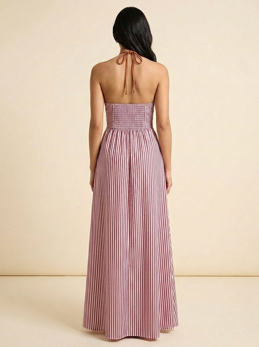Striped Halter Maxi Dress — Burgundy Back