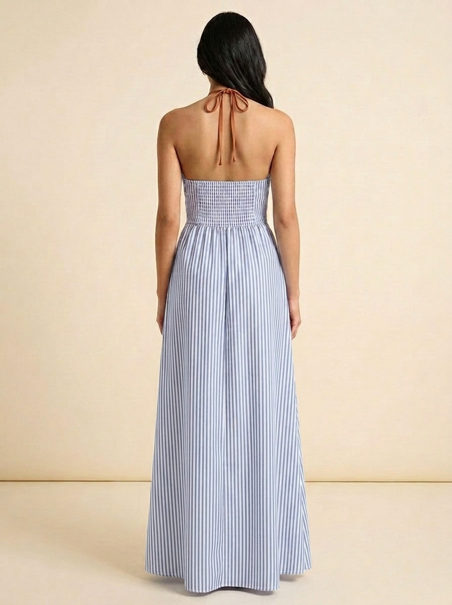 Striped Halter Maxi Dress — Blue Back