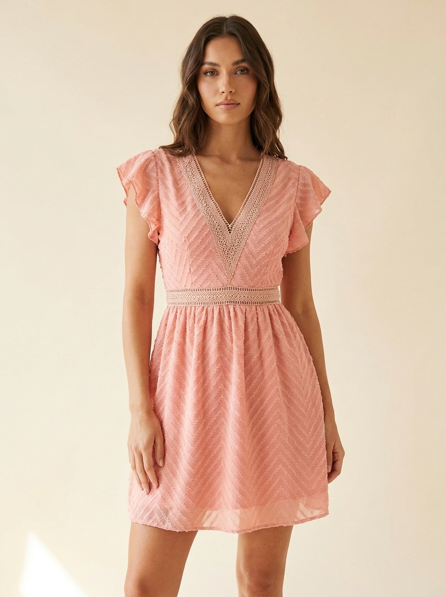 V-Neck Ruffle Mini Dress — Watermelon Pink Front