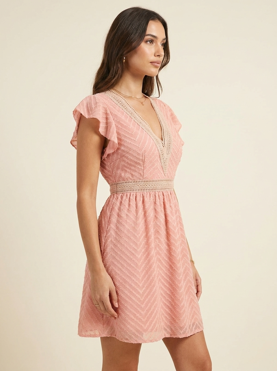 V-Neck Ruffle Mini Dress — Watermelon Pink Side