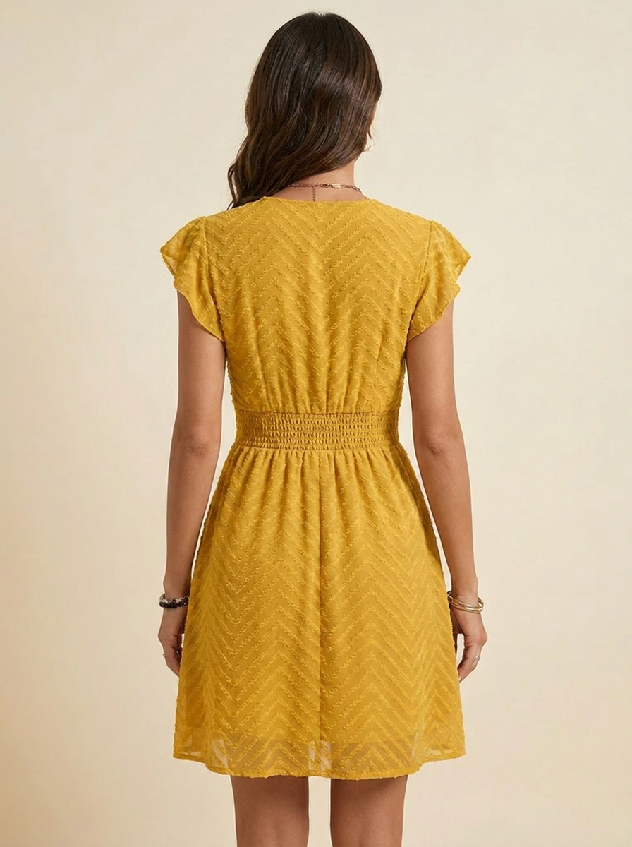 V-Neck Ruffle Mini Dress — Gold Back