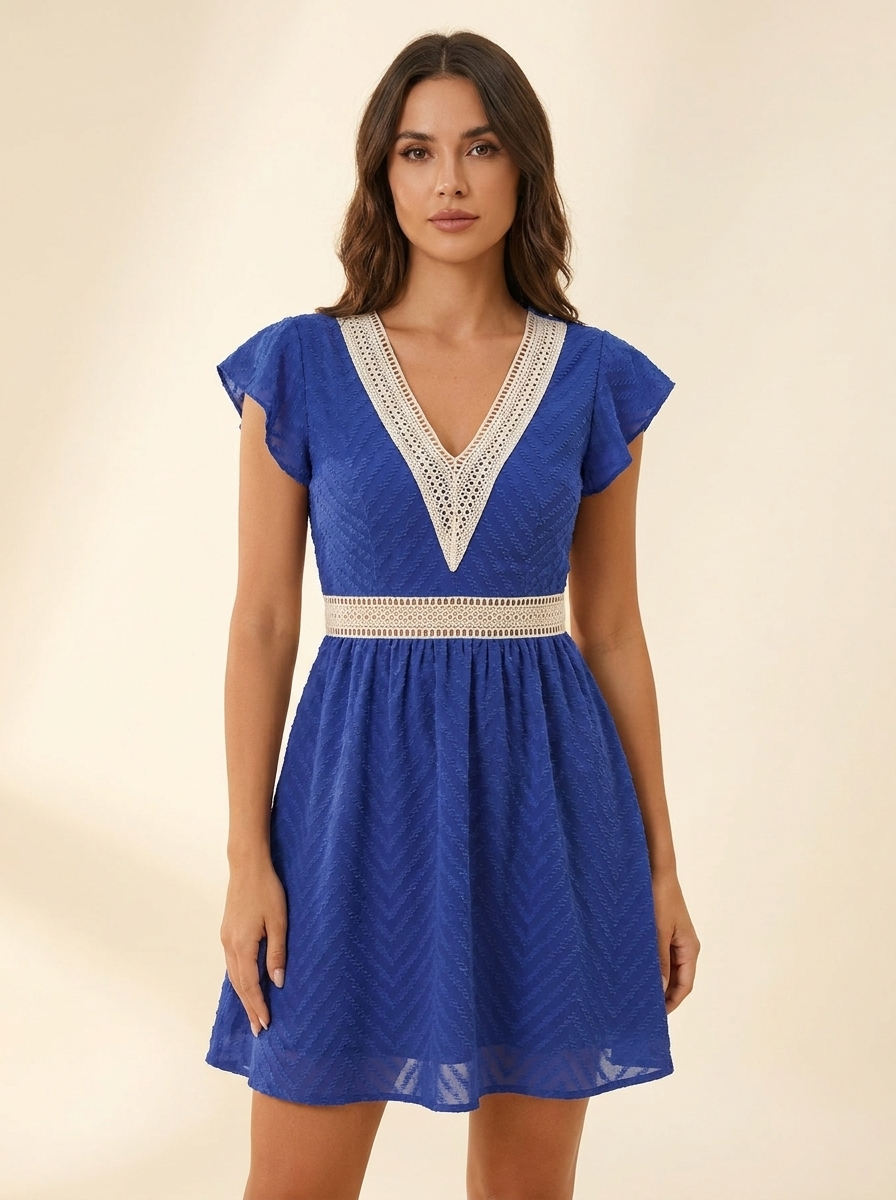 V-Neck Ruffle Mini Dress — Royal Blue Front