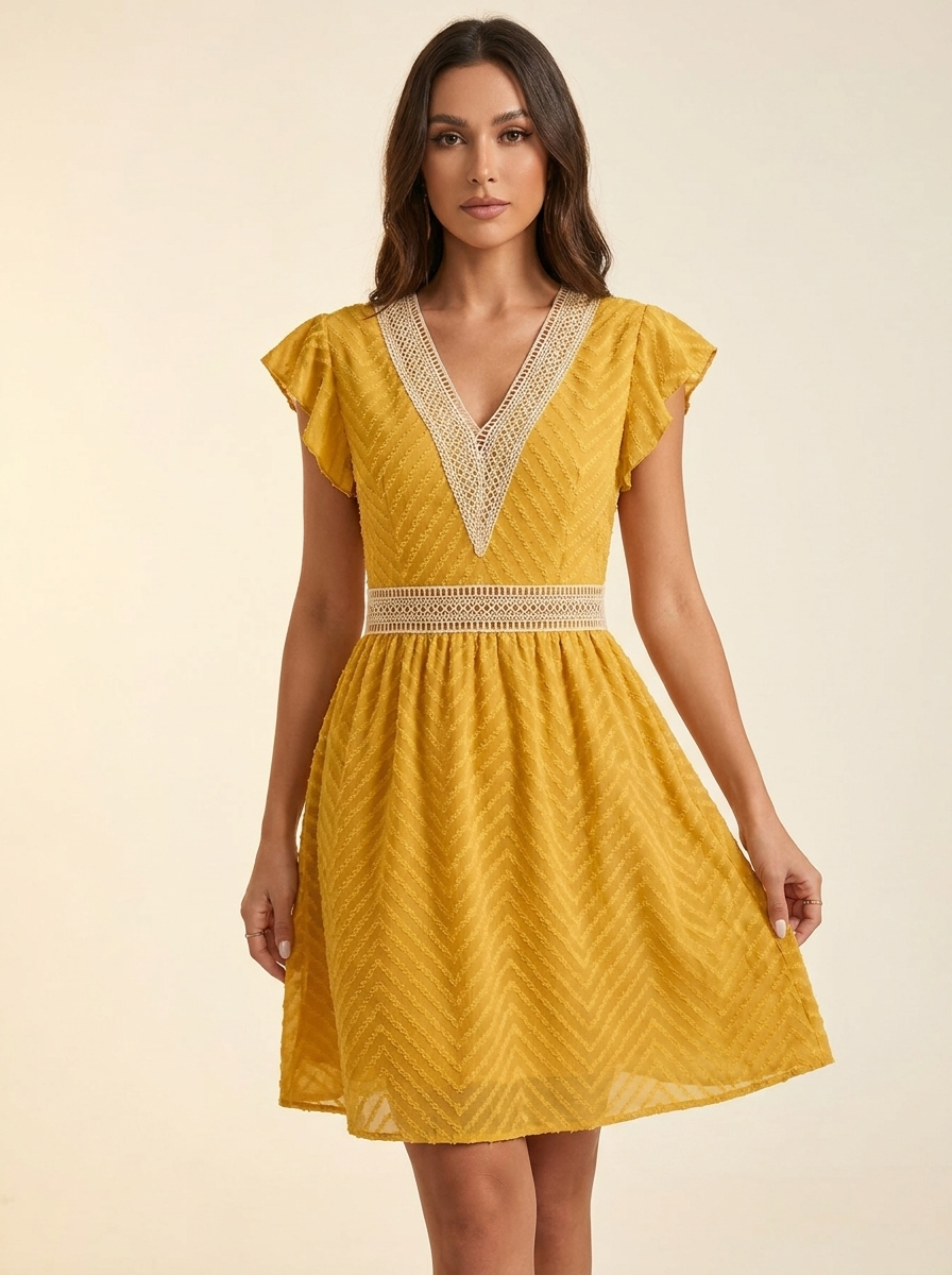 V-Neck Ruffle Mini Dress — Gold Front
