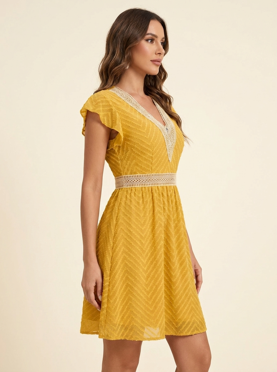 V-Neck Ruffle Mini Dress — Gold Side