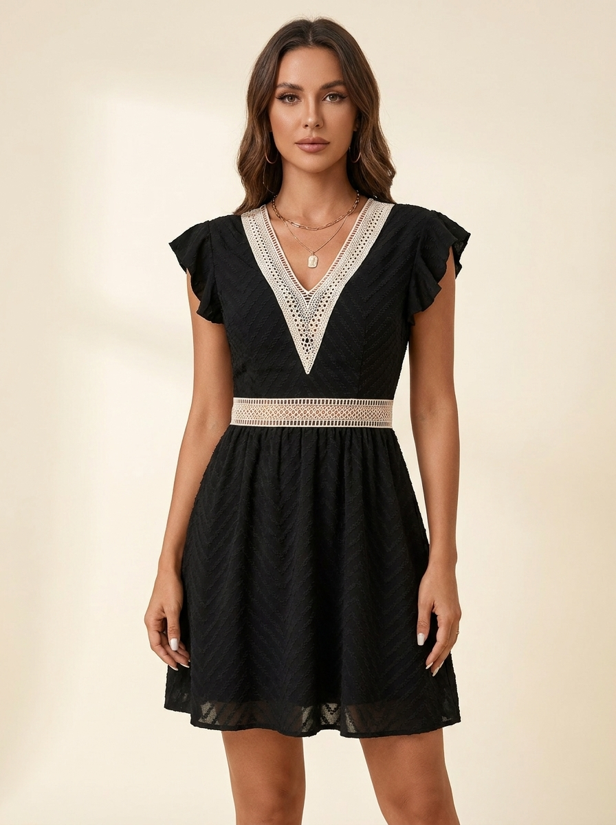 V-Neck Ruffle Mini Dress — Black Front