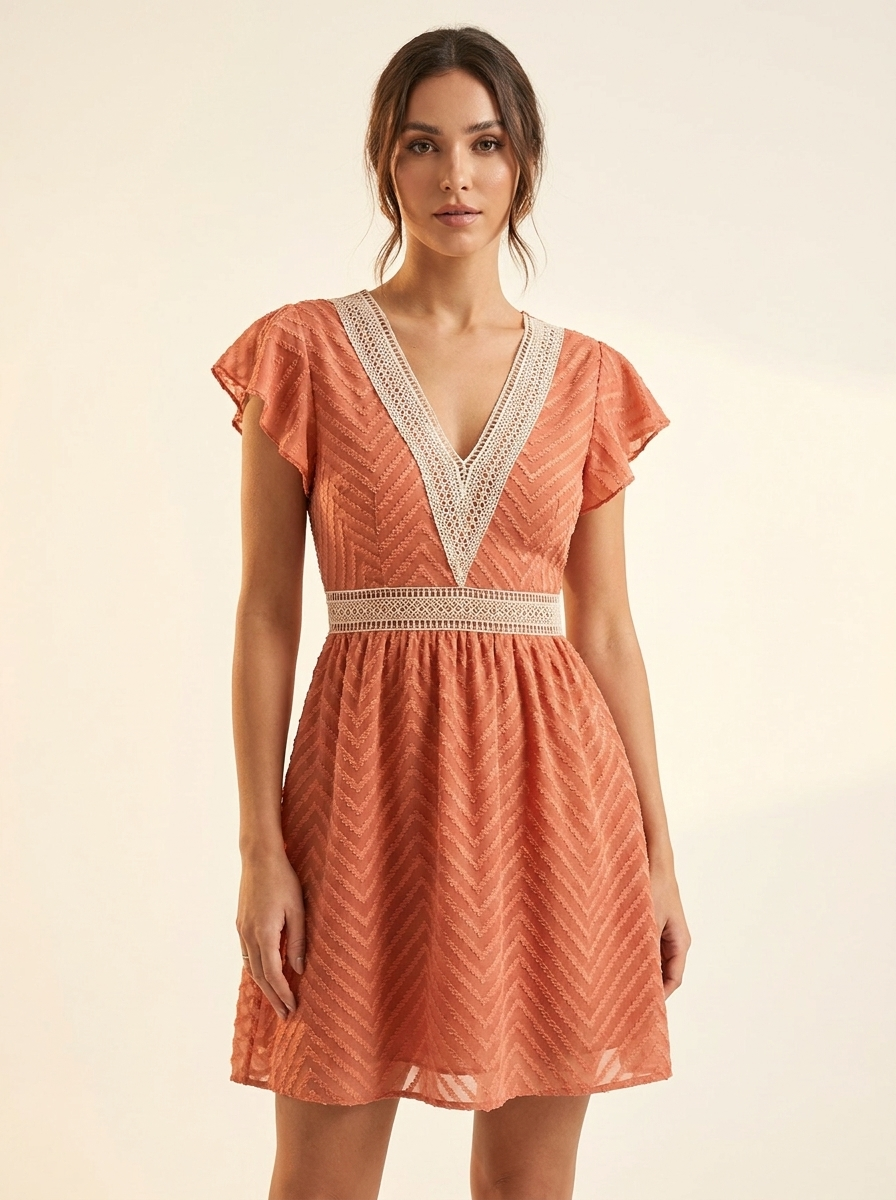 V-Neck Ruffle Mini Dress — Burnt Coral Front
