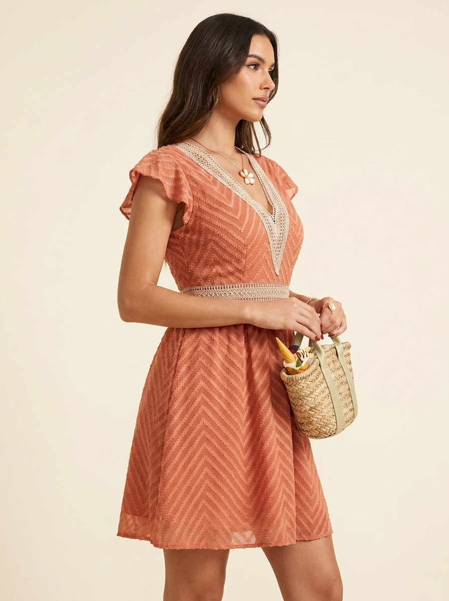 V-Neck Ruffle Mini Dress — Burnt Coral Side