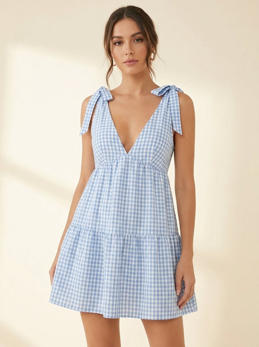 Gingham Ruffle Mini Dress — Front