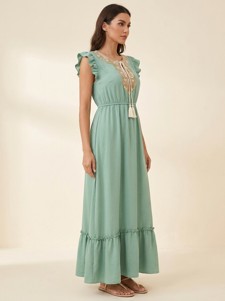 Tie Neck Ruffle Maxi — Side